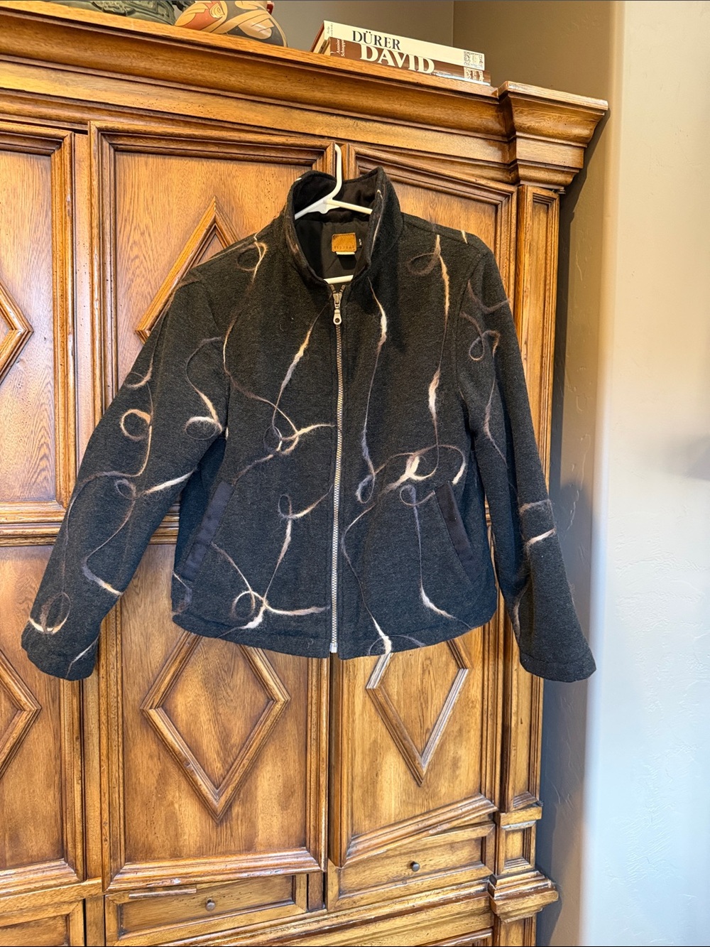 Black Teddy Zip-Front Jacket with Cream Abstract Accents